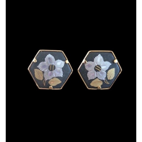 Vintage 1950s Damascene Earrings Pierced Flower Hexagon - Picture 1 of 2